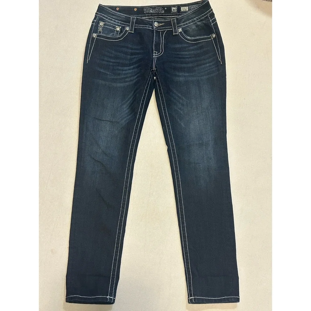 MISS ME Signature Sequin Cross Low Rise Rhinestone Flap Skinny Jeans‎ SZ 30